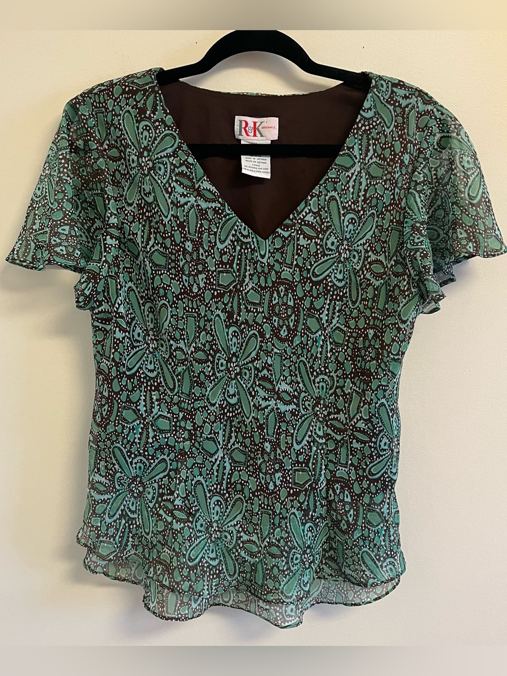 Vintage Fairy Floral Womens Career Chiffon Blouse Flutter Sleeve Green Brown 12